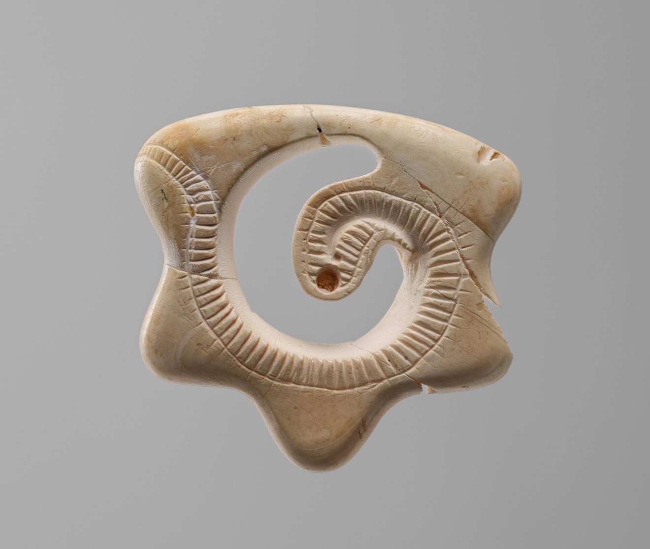 Mexica Feathered Serpent Ehēcacōzcatl wind jewel carved from conch shell, reverse view — Metropolitan Museum of Art, 1325–1521 CE