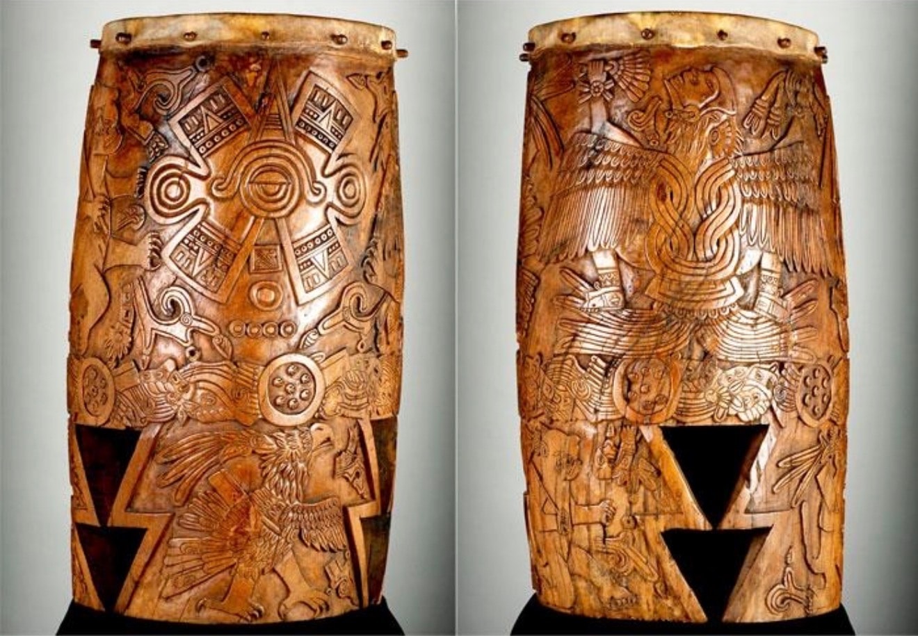 Both sides of the Tlalpanhuēhuētl of Malinalco showing carved relief imagery including Nahui Ollin, eagle and jaguar warriors